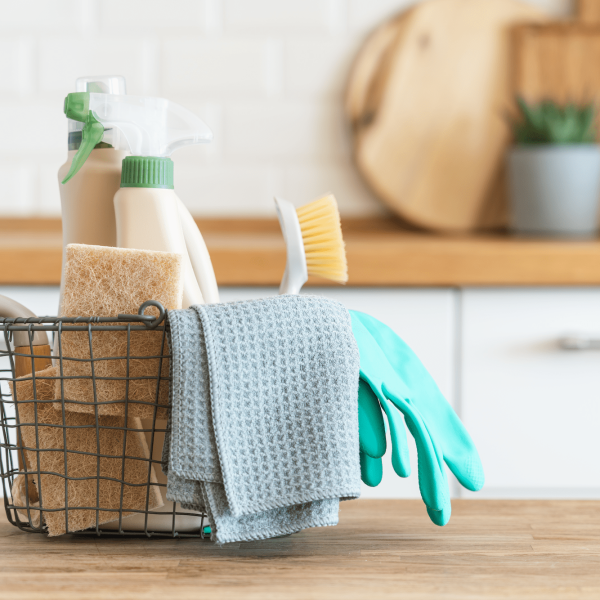 GettyImages-1315338184 A basket full of cleaning supplies rests on a kitchen counter.