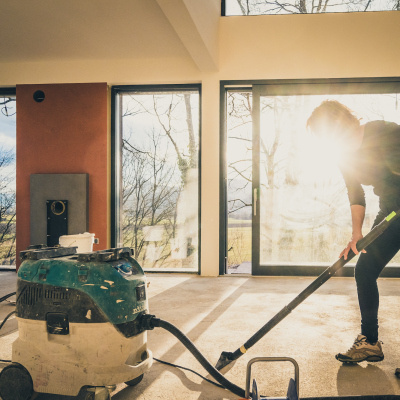 GettyImages-1393681946 A cleaning professional vacuums the living area of a new home.
