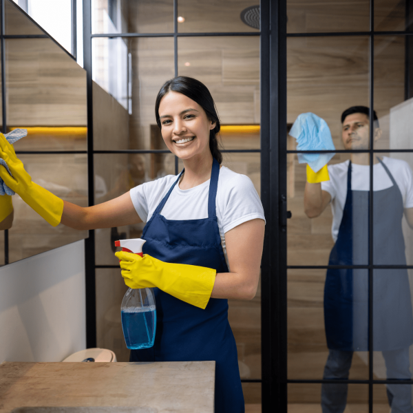 GettyImages-1417833200 A cleaning professional smiles at the camera while wiping down a bathroom mirror.
