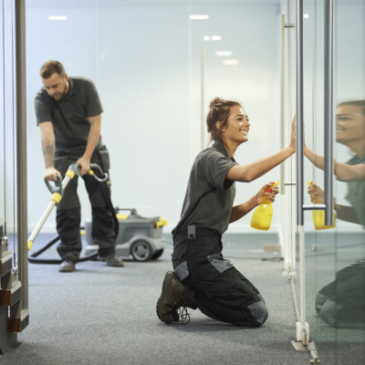 GettyImages-518586238 Two cleaning professionals work on a foyer in a modern office.