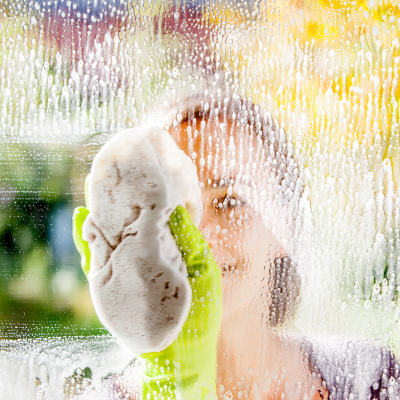 A cleaning professional wipes down a soapy window.
